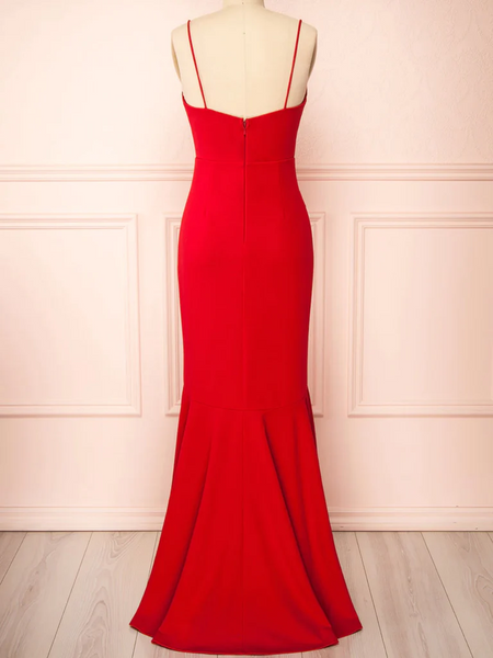 V Neck Mermaid Red Long Prom Dresses, Mermaid Red Long Formal Evening Dresses