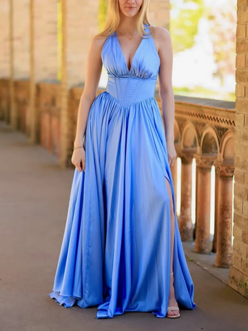 A Line V Neck Light Blue Satin Long Prom Dresses with Slit, Light Blue Formal Evening Graduation Dresses