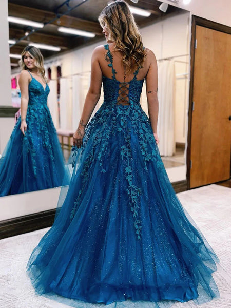 A Line V Neck Blue Lace Long Prom Dresses, Blue Tulle Lace Formal  Evening Dresses