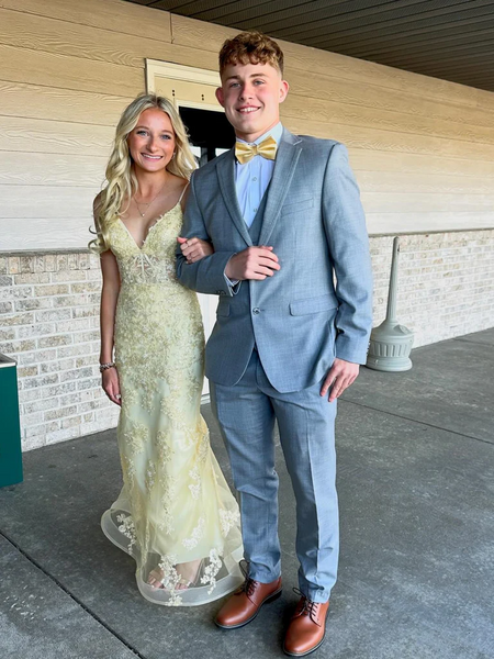 V Neck Mermaid Yellow Lace Long Prom Dresses, Yellow Lace Mermaid Formal Evening Dresses