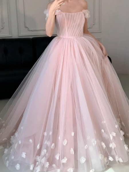 Off the Shoulder Pink Flower Long Prom Dresses, Off Shoulder Pink Floral Long Formal Evening Dresses