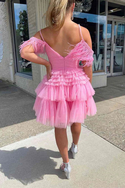 A Line Off  Shoulder Layered Hot Pink Short Prom Dresses, Off The Shoulder Hot Pink Tulle Formal Evening Homecoming Dresses