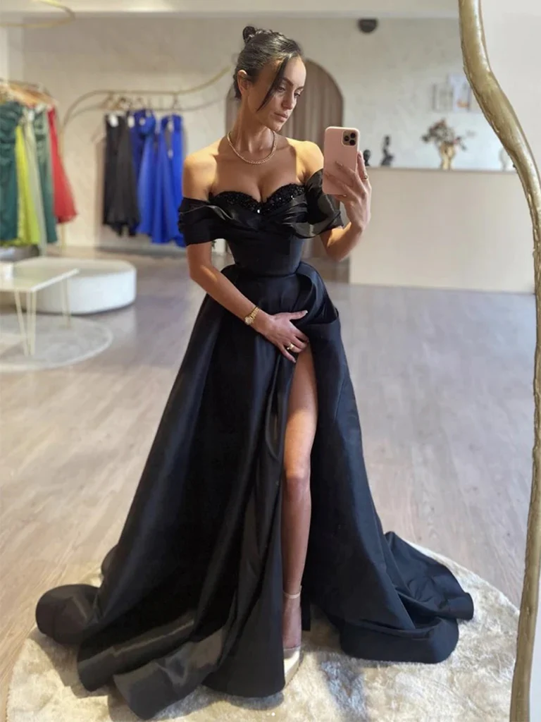 Off Shoulder Black Satin Long Prom Dresses with High Slit, Off Shoulder Black Satin Long Formal Evening Dresses with Sequins Top