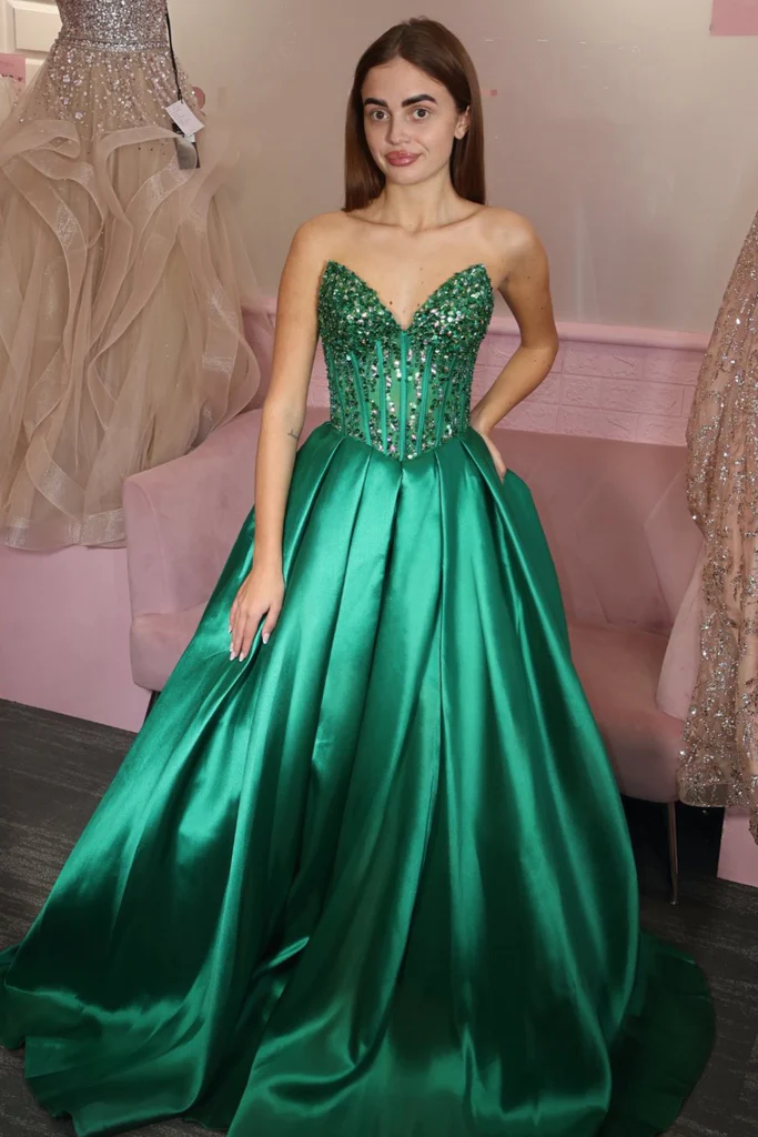 A Line Strapless Beaded Green Satin Long Prom Dresses, Green Satin Lon morievent A Line Strapless Beaded Green Satin Long Prom Dresses, Green Satin Lon morievent