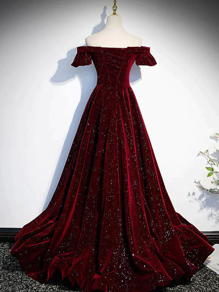 Shiny Off the Shoulder Wine Red Long Prom Dresses, Burgundy Off Shoulder Long Formal Evening Dresses