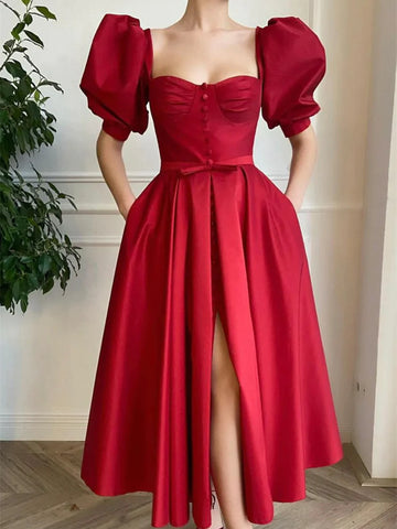 Short Red Satin Prom Dresses, Red Tea length Satin Formal Homecoming Dresses