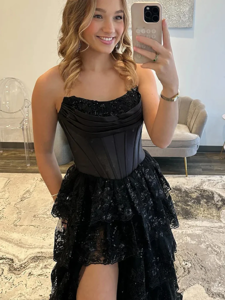 Strapless Layered Long Black Lace Prom Dresses, Strapless Layered Black Lace Formal Evening Dresses