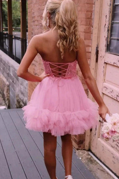 Strapless Pink Lace Short Prom Dresses, Pink Lace Homecoming Dresses, Pink Formal Graduation Evening Dresses