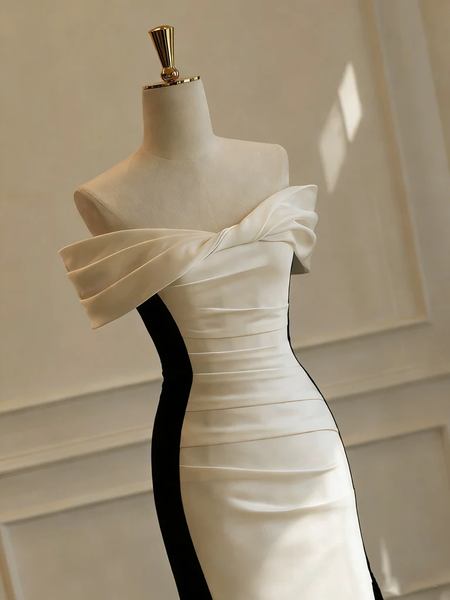 Off the Shoulder Black White Mermaid Long Prom Dresses, Off Shoulder Black White Mermaid Long Formal Evening Dresses