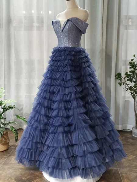 Off Shoulder Sequins Top Navy Blue Long Prom Dresses, Off the Shoulder Navy Blue Formal Evening Ball Gown