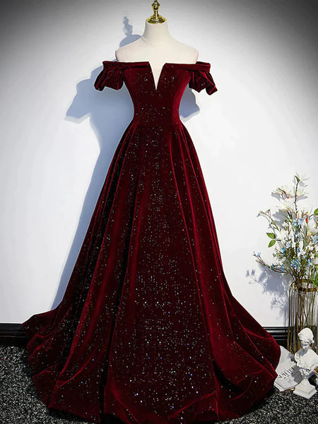 Shiny Off the Shoulder Wine Red Long Prom Dresses, Burgundy Off Shoulder Long Formal Evening Dresses