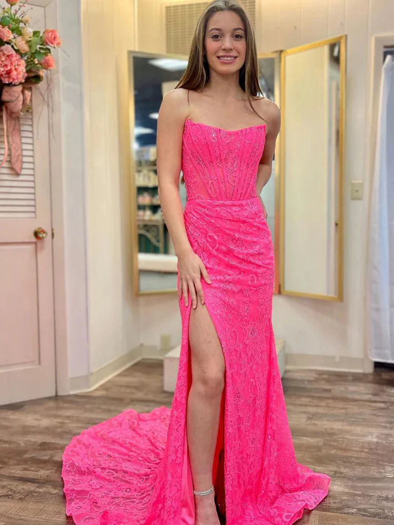 Mermaid Hot Pink Lace Long Prom Dresses, Hot Pink Mermaid Lace Formal – morievent