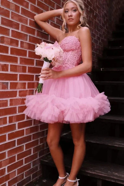 Strapless Pink Lace Short Prom Dresses, Pink Lace Homecoming Dresses, Pink Formal Graduation Evening Dresses