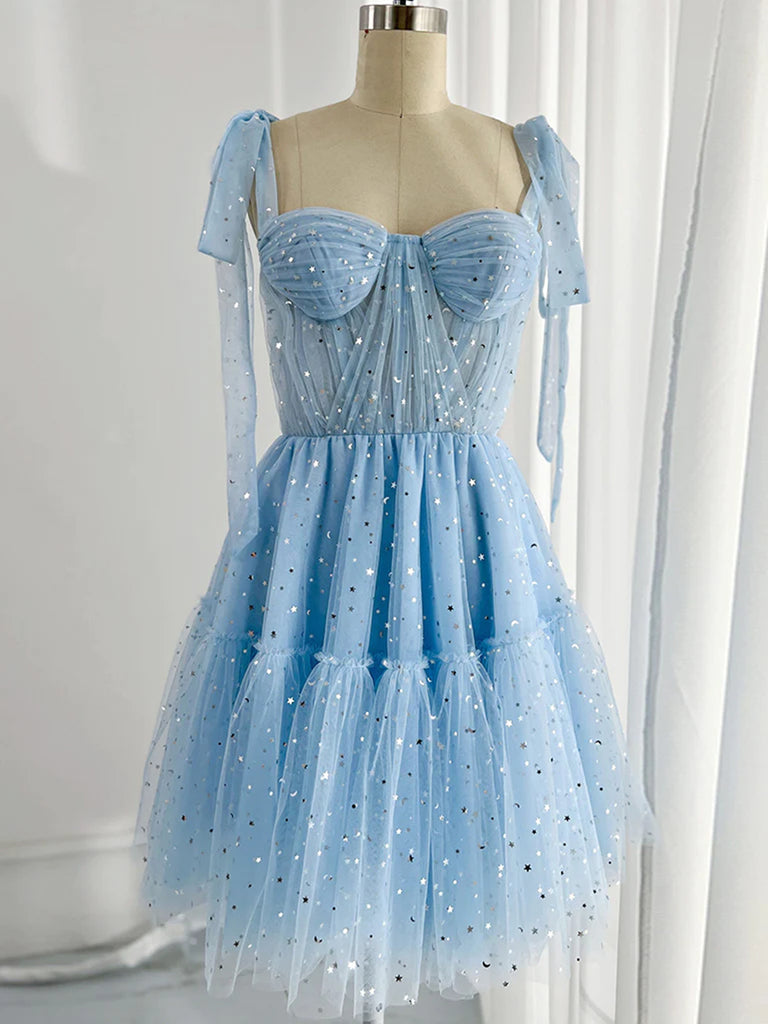 A Line Sweetheart Neck Tulle Blue Short Prom Dresses, Short Blue Homecoming Dresses