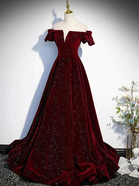 Shiny Off the Shoulder Wine Red Long Prom Dresses, Burgundy Off Shoulder Long Formal Evening Dresses