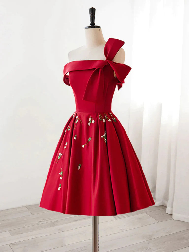 Short Red Satin Off the Shoulder Prom Dresses with Appliques, Red Off morievent Short Red Satin Off the Shoulder Prom Dresses with Appliques, Red Off morievent