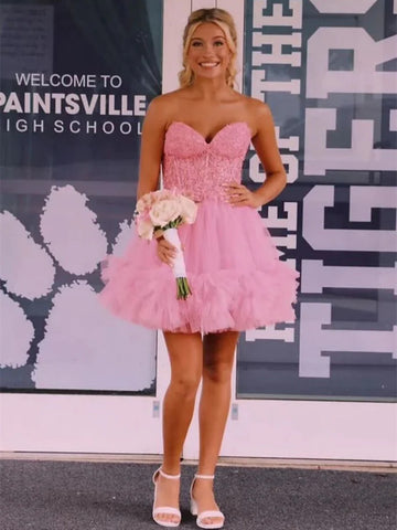 Strapless Pink Lace Short Prom Dresses, Pink Lace Homecoming Dresses, Pink Formal Graduation Evening Dresses