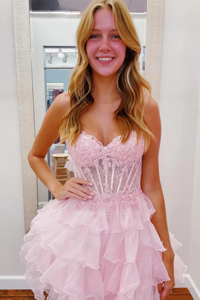 Strapless Layered Pink/Blue Lace Short Prom Dresses, Lace Short Pink/B morievent Strapless Layered Pink/Blue Lace Short Prom Dresses, Lace Short Pink/B morievent