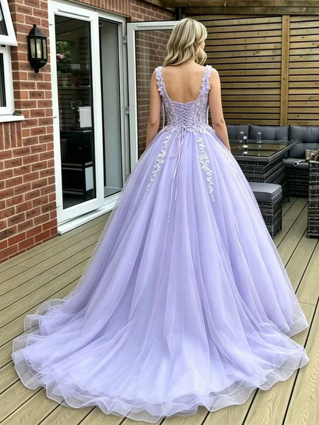 V Neck Lavender Lace Long Prom Dresses, Lavender Lace Formal Evening Dresses