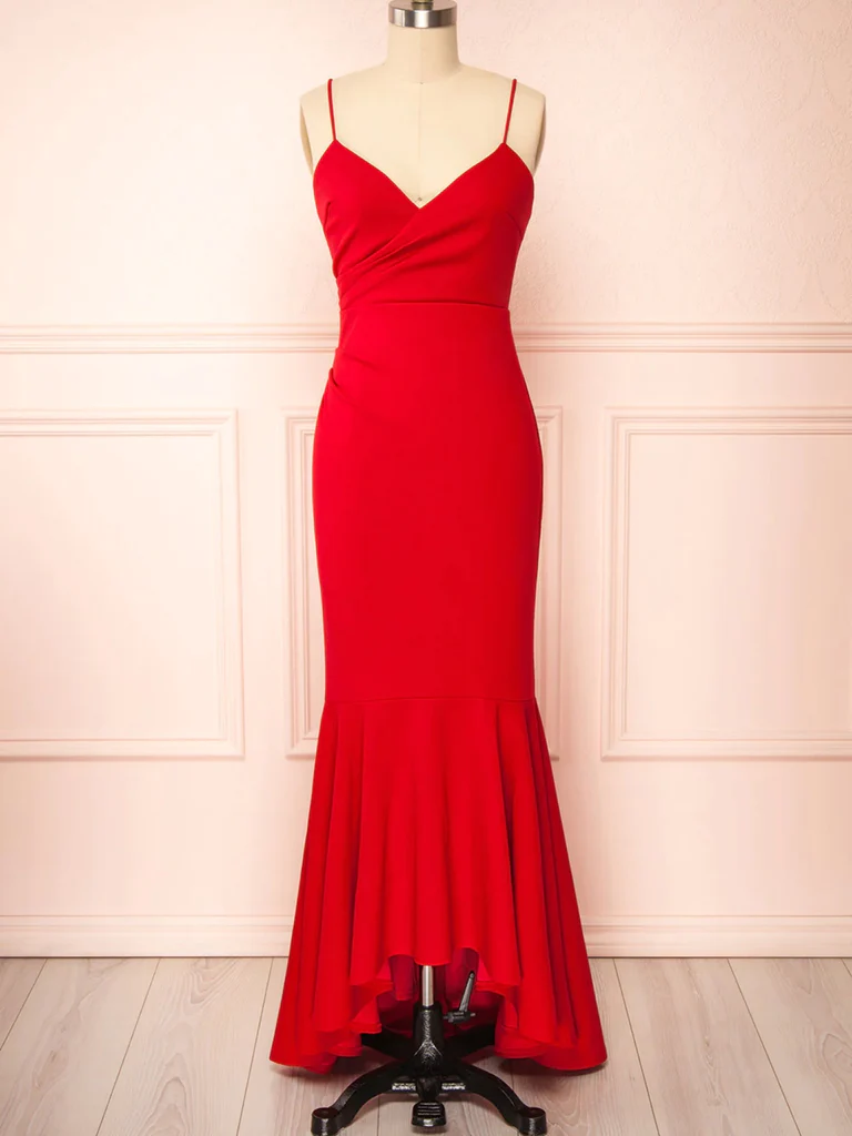 V Neck Mermaid Red Long Prom Dresses, Mermaid Red Long Formal Evening Dresses