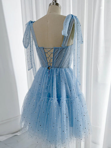 A Line Sweetheart Neck Tulle Blue Short Prom Dresses, Short Blue Homecoming Dresses