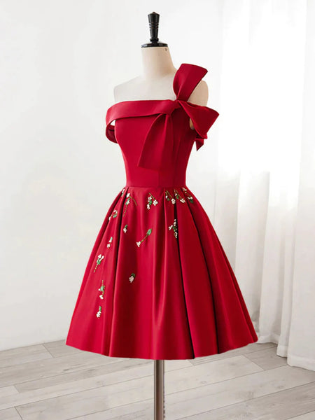 Short Red Satin Off the Shoulder Prom Dresses with Appliques, Red Off Shoulder Short Formal Evening Homecoming Dresses