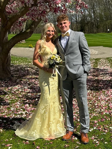 V Neck Mermaid Yellow Lace Long Prom Dresses, Yellow Lace Mermaid Formal Evening Dresses