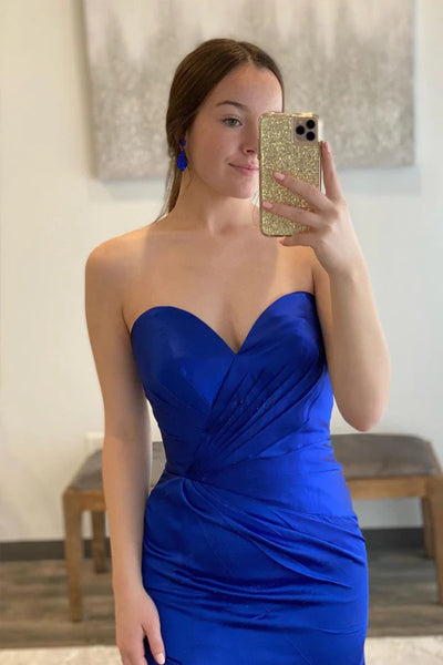 Simple Sweetheart Royal Blue Mermaid Satin Prom Dresses, Mermaid Blue Satin Long Formal Evening Dresses