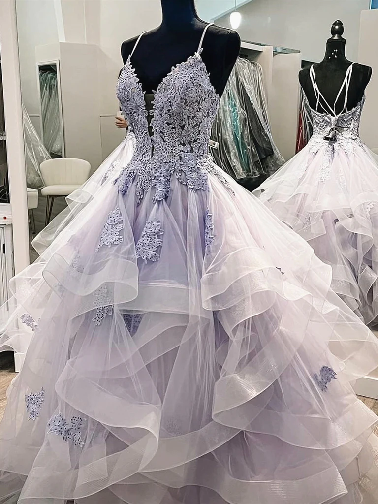 Blue Lace V Neck Puffy Long Prom Dresses, Blue Lace Long Puffy Formal morievent Blue Lace V Neck Puffy Long Prom Dresses, Blue Lace Long Puffy Formal morievent