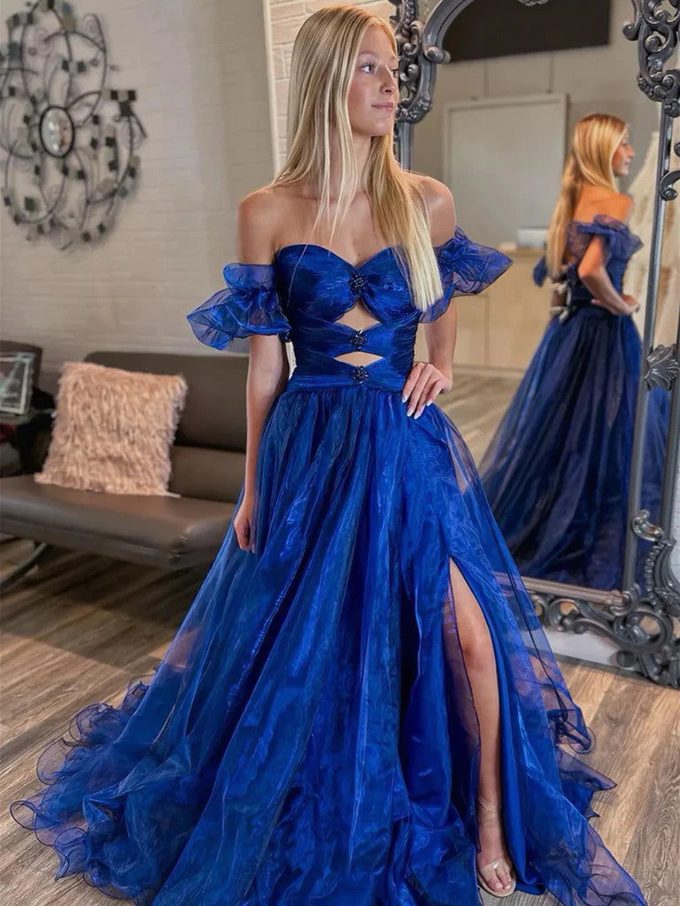 Off the Shoulder Royal Blue Long Organza Prom Dresses, Off Shoulder Ro morievent Off the Shoulder Royal Blue Long Organza Prom Dresses, Off Shoulder Ro morievent