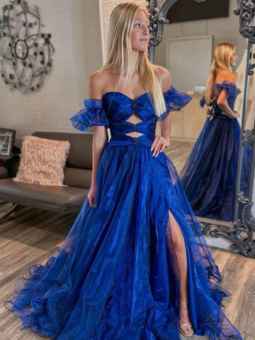 Off the Shoulder Royal Blue Long Organza Prom Dresses,  Off Shoulder  Royal Blue Long Organza  Formal Evening Dresses