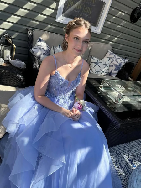 Spaghetti Straps V Neck Light Blue Lace Long Prom Dresses, Light Blue Lace Formal Evening Dresses