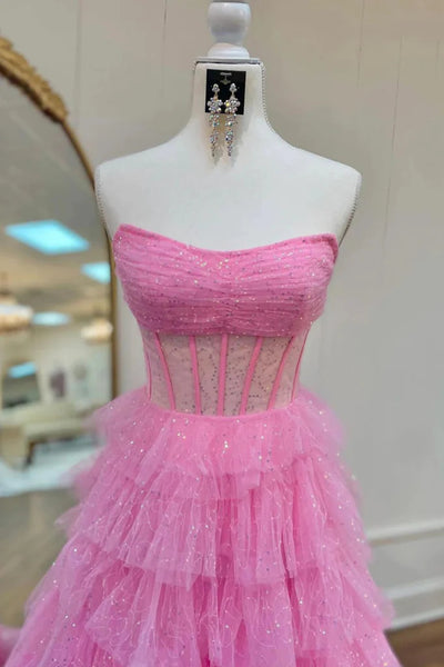 Shiny Princess Strapless Pink Tulle Long Prom Dresses, Pink Tulle Long Formal  Evening Graduation Dresses