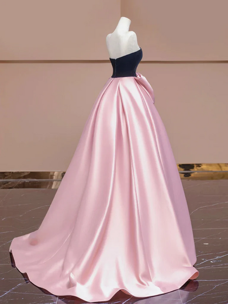 A Line Pink Satin Black Velvet Long Prom Dresses, Long Pink Formal Evening Dresses