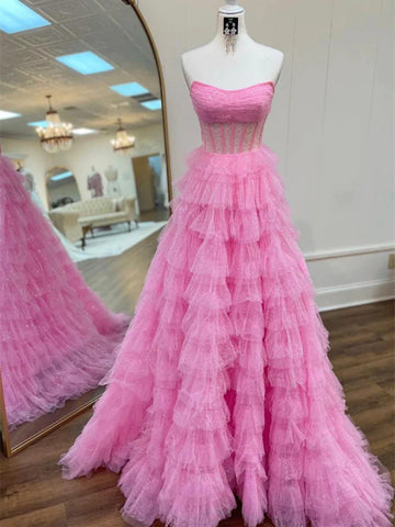 Shiny Princess Strapless Pink Tulle Long Prom Dresses, Pink Tulle Long Formal  Evening Graduation Dresses