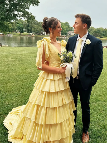 A Line V Neck Layered Yellow Satin Long Prom Dresses, Yellow Layered Formal Evening Graduation Dresses