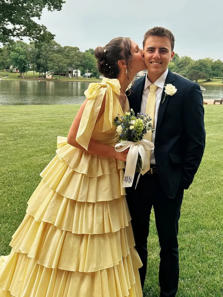 A Line V Neck Layered Yellow Satin Long Prom Dresses, Yellow Layered Formal Evening Graduation Dresses