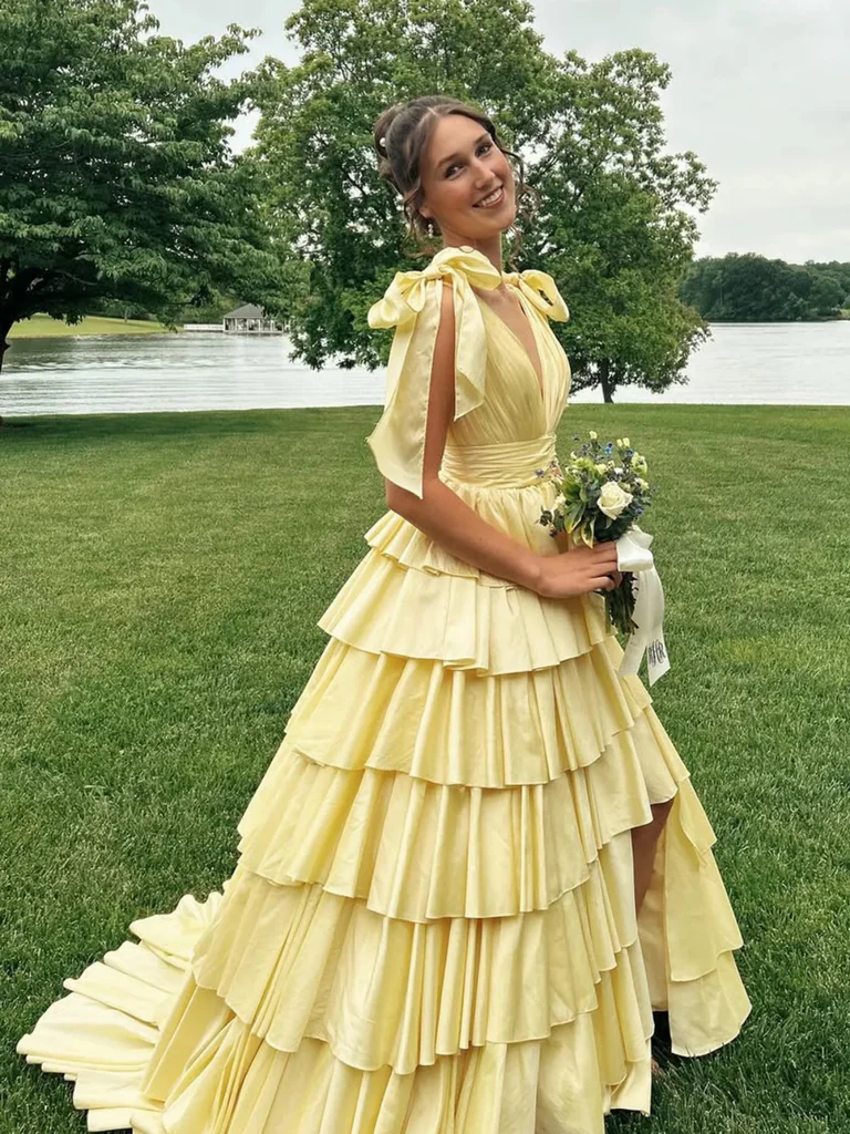 A Line V Neck Layered Yellow Satin Long Prom Dresses, Yellow Layered Formal Evening Graduation Dresses A Line V Neck Layered Yellow Satin Long Prom Dresses, Yellow Layered Formal Evening Graduation Dresses