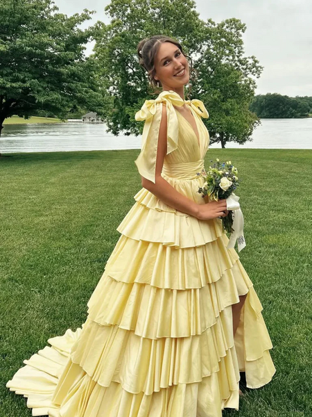 A Line V Neck Layered Yellow Satin Long Prom Dresses, Yellow Layered Formal Evening Graduation Dresses