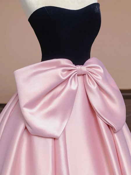 A Line Pink Satin Black Velvet Long Prom Dresses, Long Pink Formal Evening Dresses