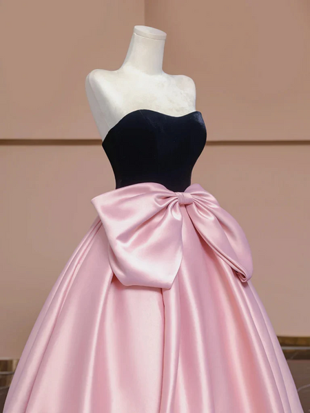 A Line Pink Satin Black Velvet Long Prom Dresses, Long Pink Formal Evening Dresses