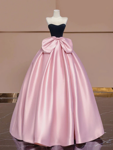 A Line Pink Satin Black Velvet Long Prom Dresses, Long Pink Formal Evening Dresses