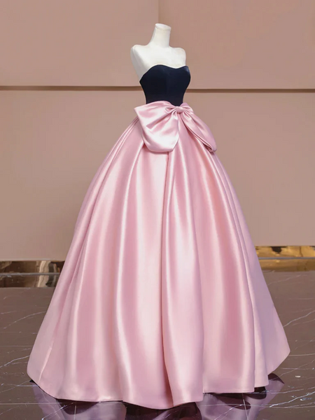 A Line Pink Satin Black Velvet Long Prom Dresses, Long Pink Formal Evening Dresses