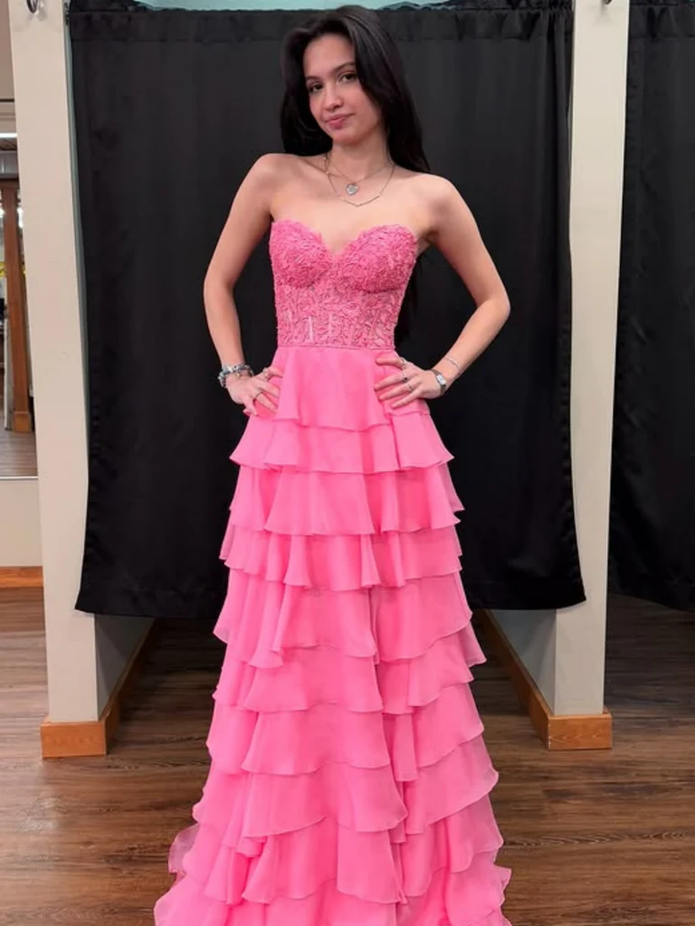 Strapless Sweetheart Neck Layered Hot Pink Lace Long Prom Dresses, Swe morievent Strapless Sweetheart Neck Layered Hot Pink Lace Long Prom Dresses, Swe morievent