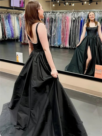 Square Neck Open Back Black Satin Long Prom Dresses with  Slit , Long Black Formal Graduation Evening Dress