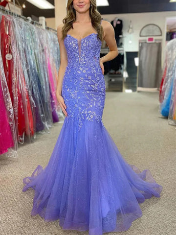 Spaghetti Straps Lilac Lace Mermaid Long Prom Dresses, Mermaid Lilac Formal Evening Dresses