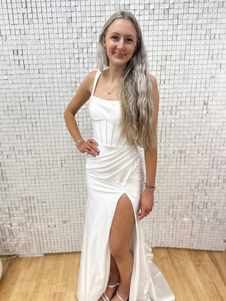 White Open Back Satin Long Prom Dresses With  High Slit, Long White Formal Graduation Evening Dresses