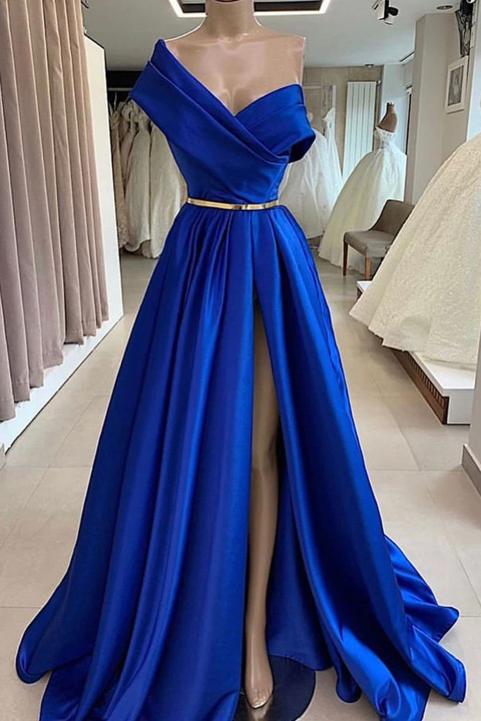 One Shoulder Royal Blue Satin Long Prom Dresses With Side Leg Slit , R morievent One Shoulder Royal Blue Satin Long Prom Dresses With Side Leg Slit , R morievent