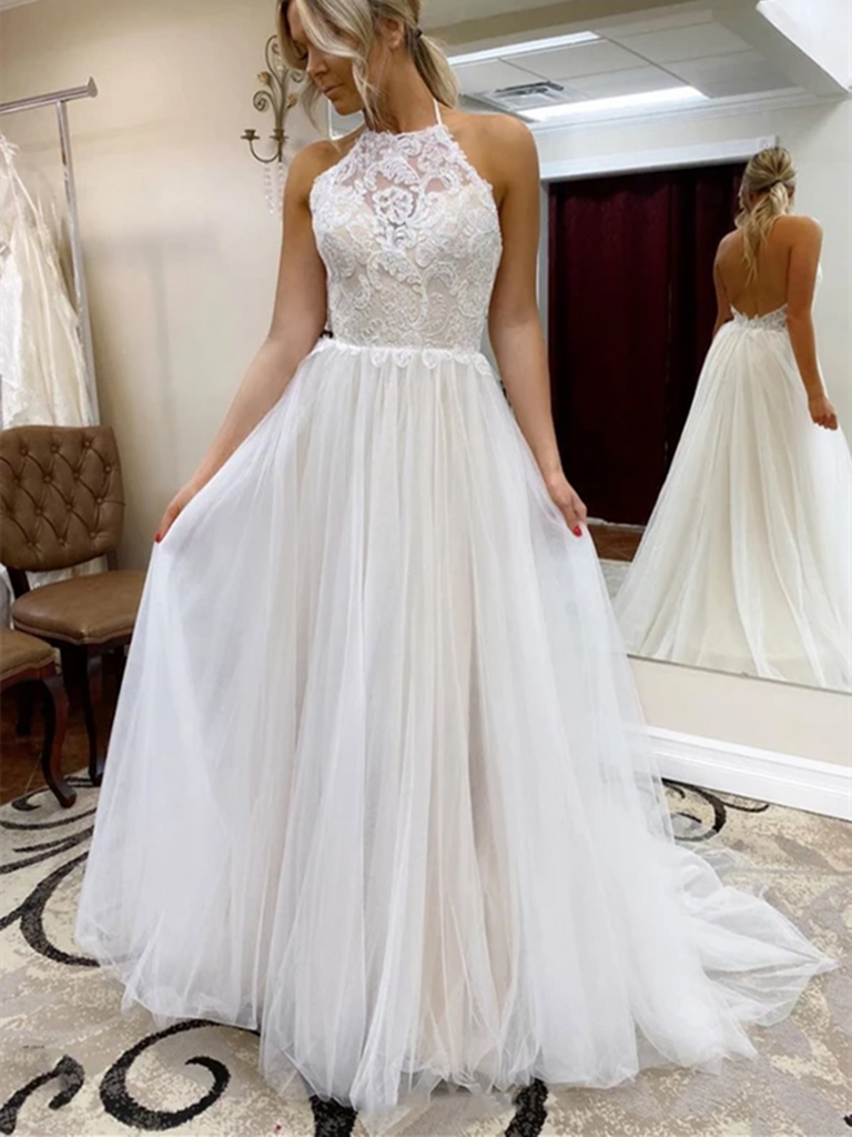 Halter Neck White Lace Backless Tulle Long Prom Dresses, Backless Lace morievent Halter Neck White Lace Backless Tulle Long Prom Dresses, Backless Lace morievent