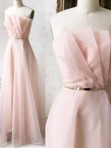 Unique Strapless Pink Tulle Long Prom Dresses,  Strapless Pink Tulle Long Formal Evening Dresses